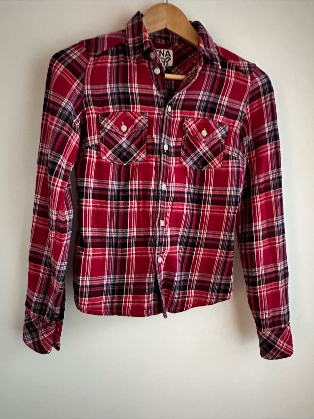 Aritzia TNA Red Black White Plaid Button Down Shirt XXS